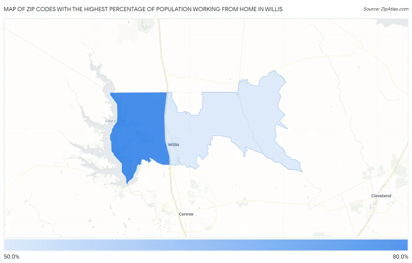 Zip Codes with the Highest Percentage of Population Working from Home in Willis Map