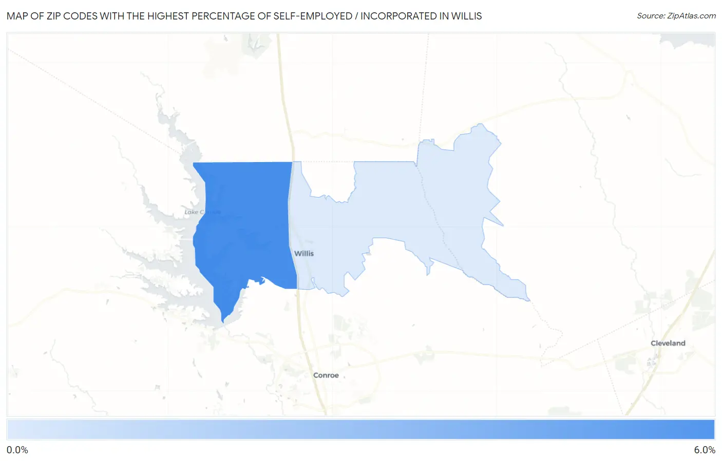 Zip Codes with the Highest Percentage of Self-Employed / Incorporated in Willis Map