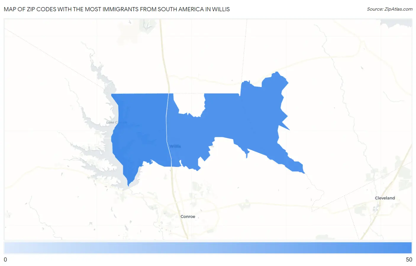 Zip Codes with the Most Immigrants from South America in Willis Map