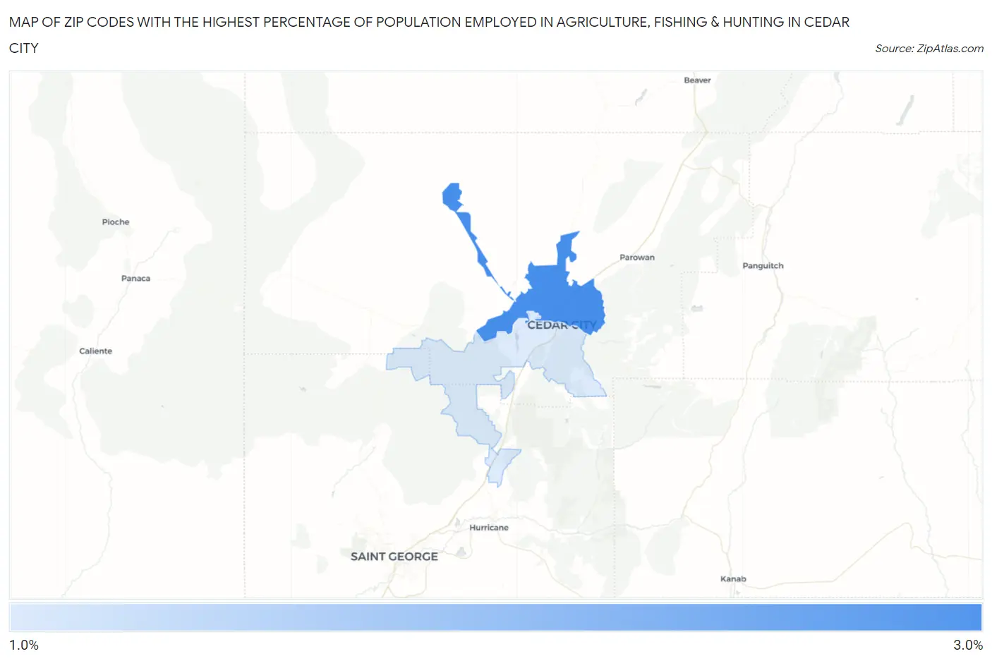 Zip Codes with the Highest Percentage of Population Employed in Agriculture, Fishing & Hunting in Cedar City Map