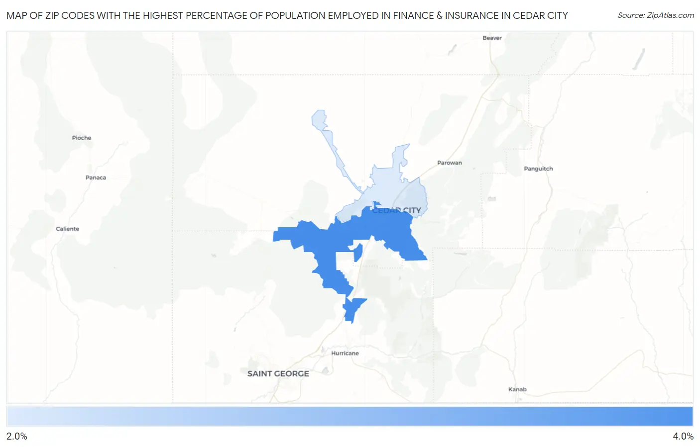 Zip Codes with the Highest Percentage of Population Employed in Finance & Insurance in Cedar City Map
