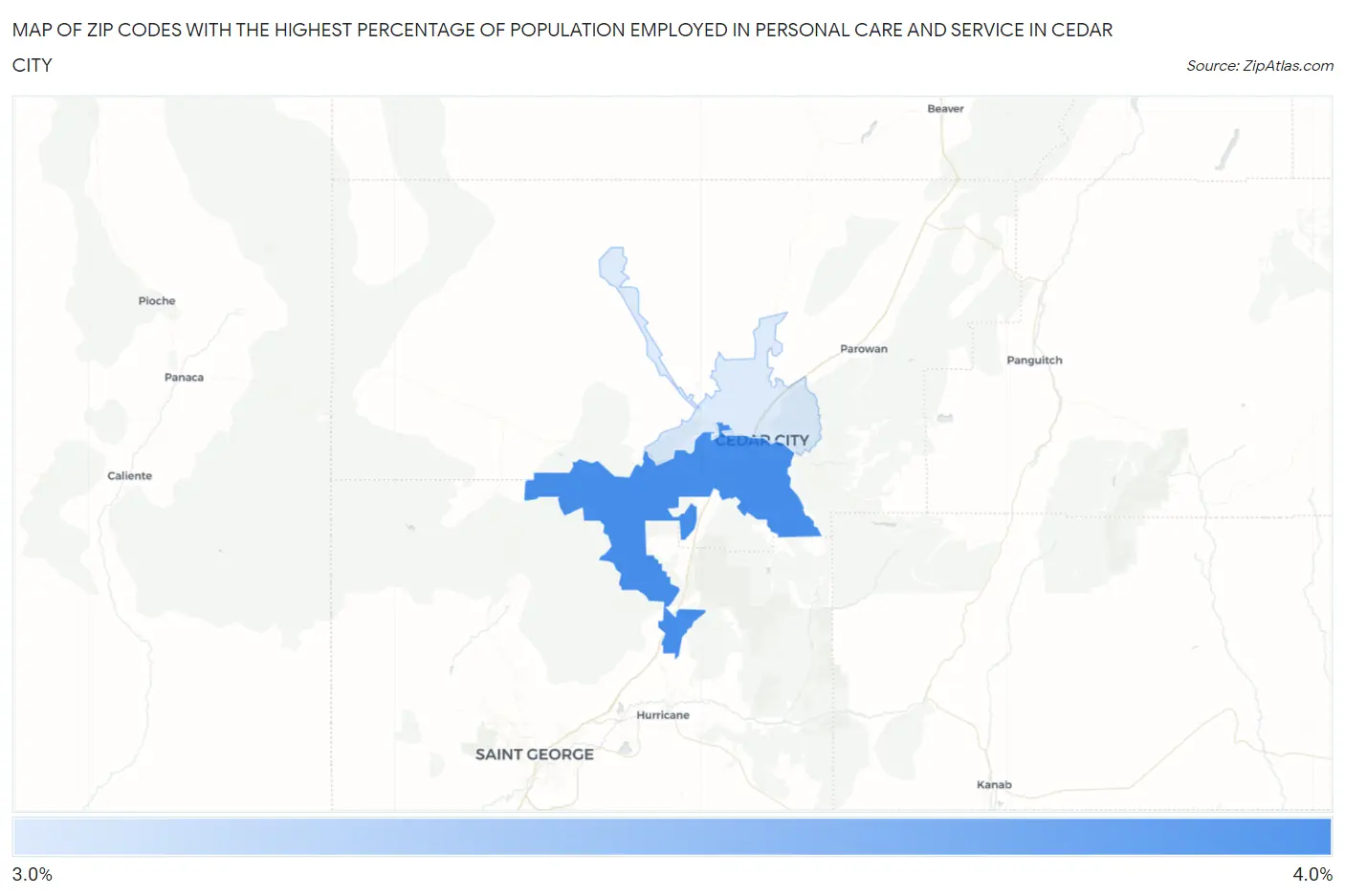 Zip Codes with the Highest Percentage of Population Employed in Personal Care and Service in Cedar City Map