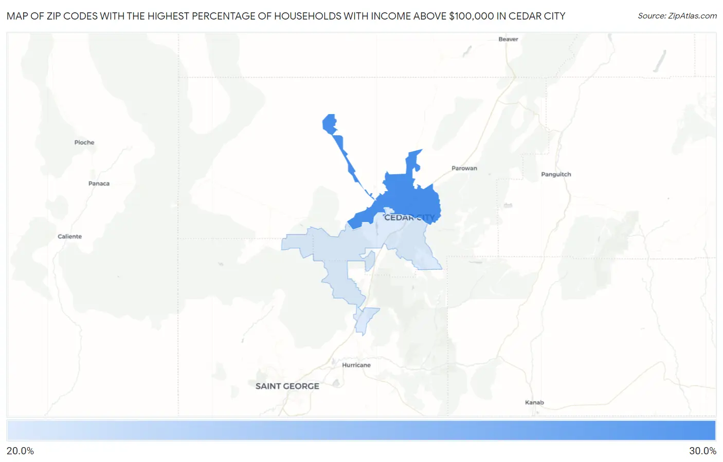 Zip Codes with the Highest Percentage of Households with Income Above $100,000 in Cedar City Map