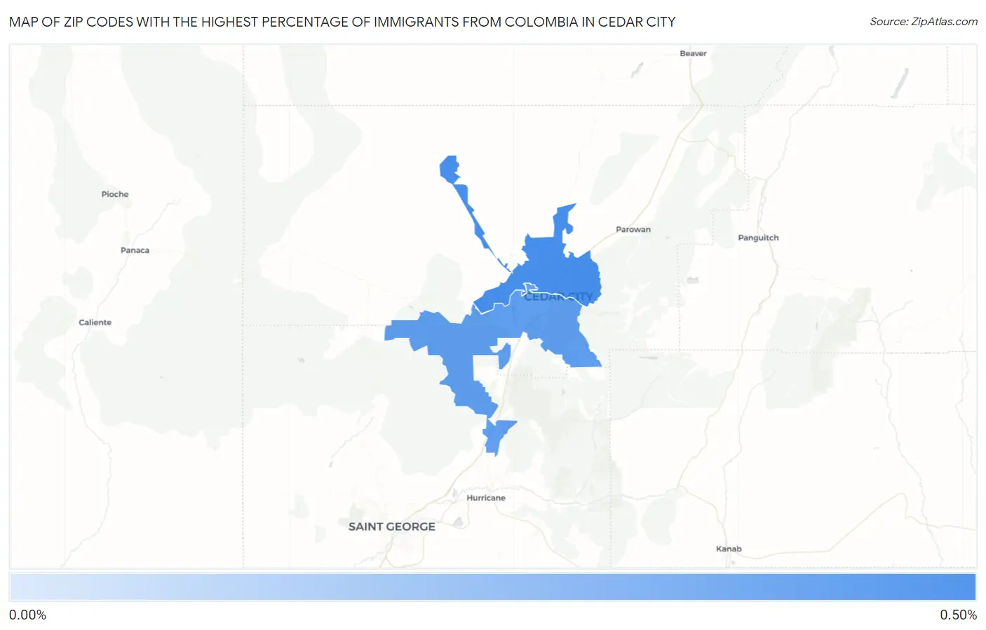 Zip Codes with the Highest Percentage of Immigrants from Colombia in Cedar City Map
