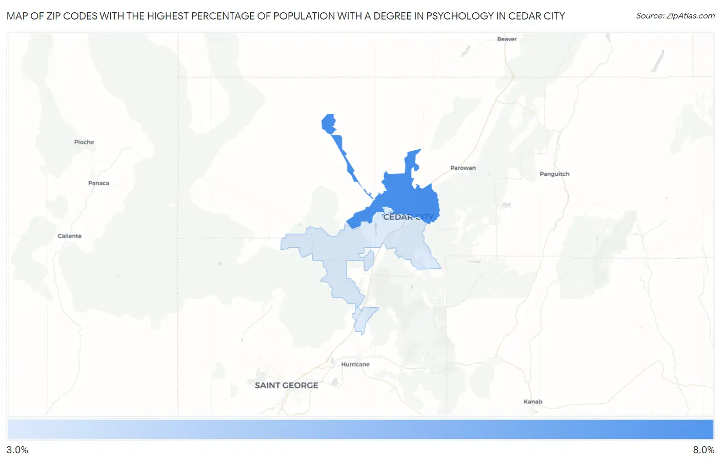 Zip Codes with the Highest Percentage of Population with a Degree in Psychology in Cedar City Map