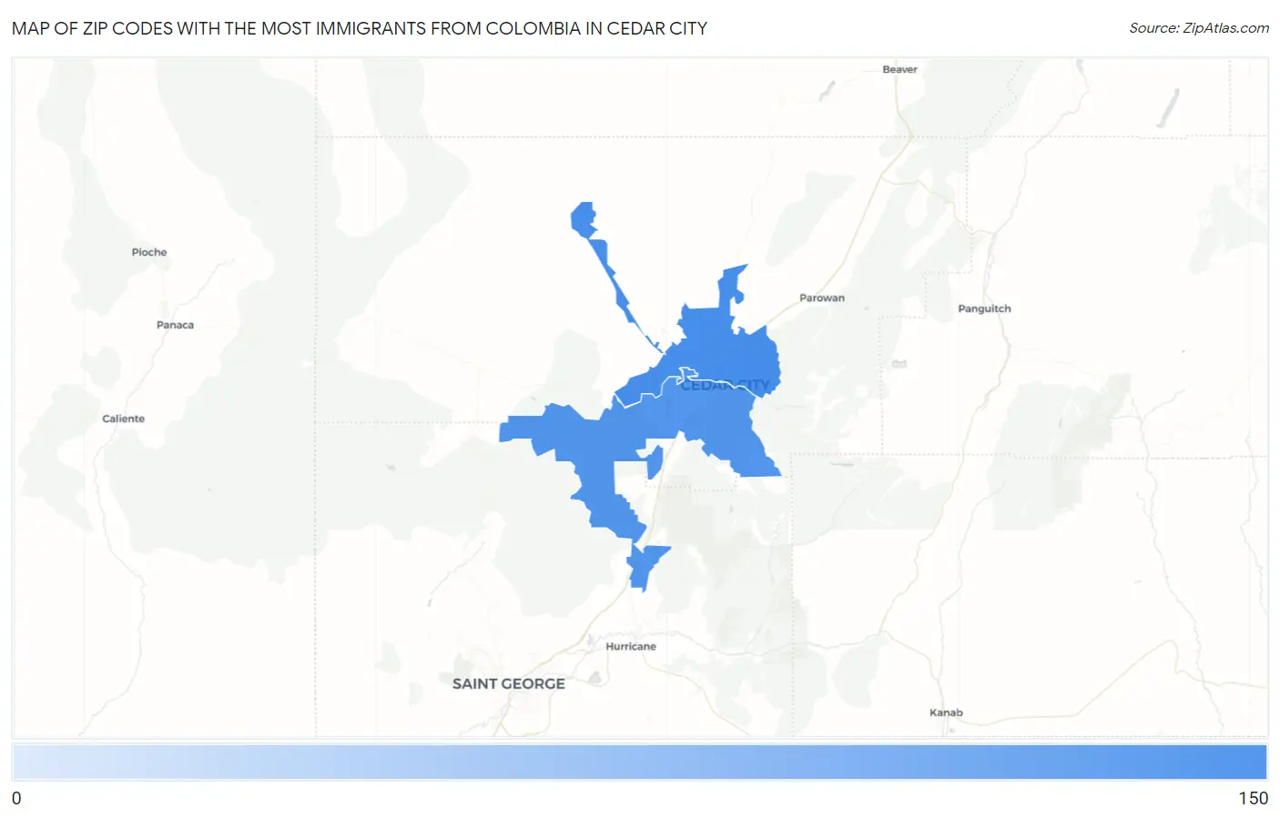 Zip Codes with the Most Immigrants from Colombia in Cedar City Map