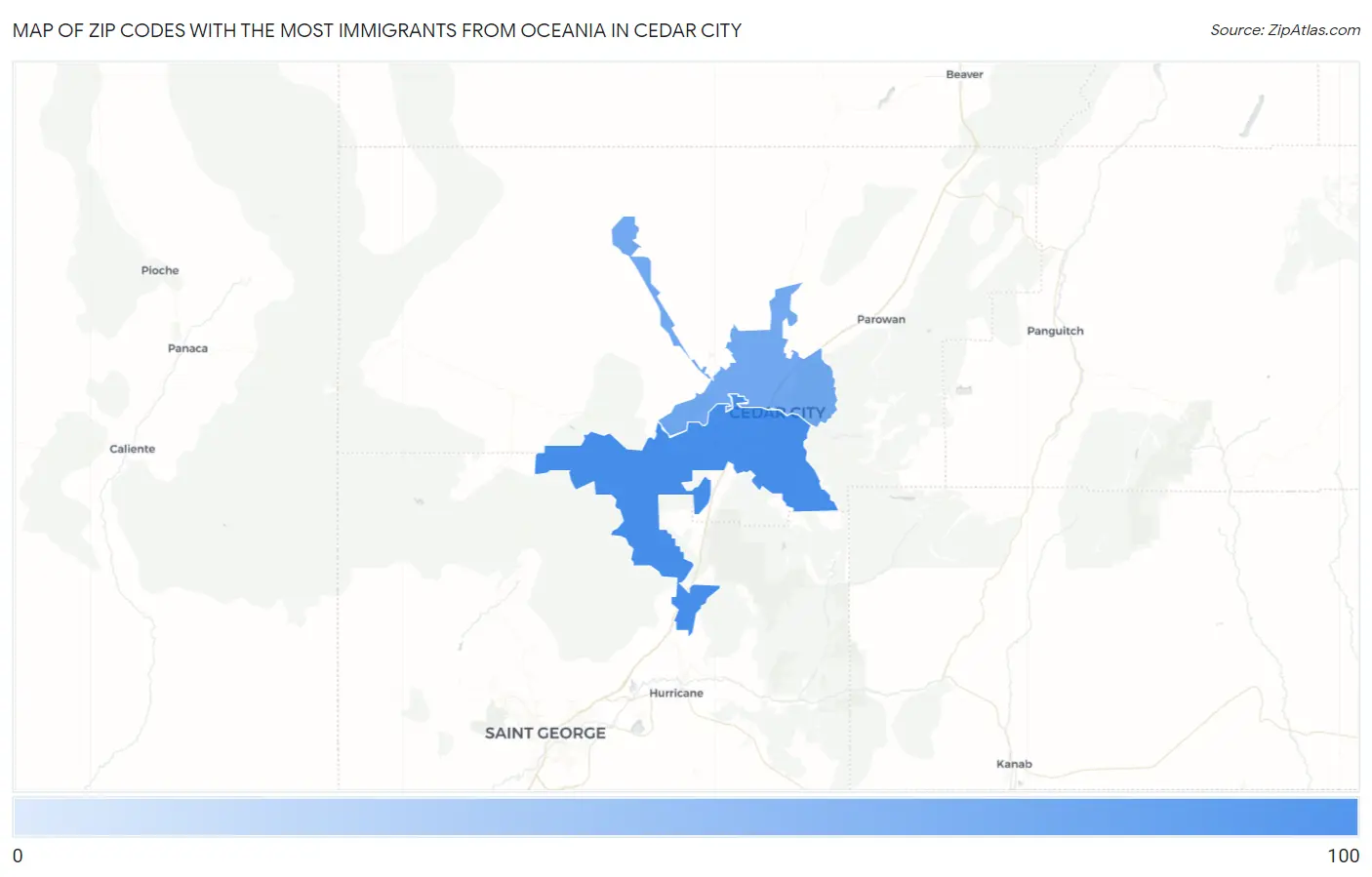 Zip Codes with the Most Immigrants from Oceania in Cedar City Map