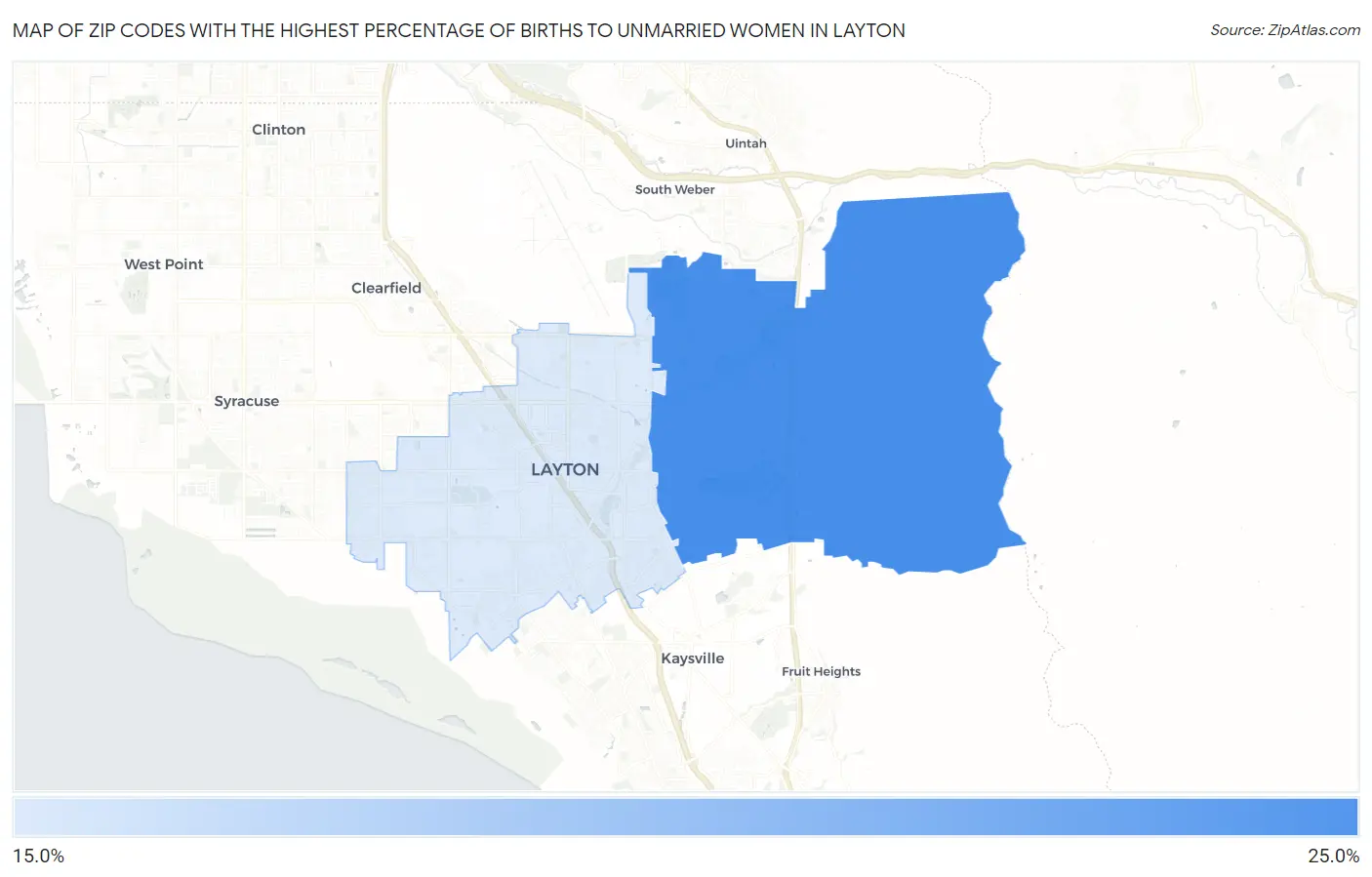 Zip Codes with the Highest Percentage of Births to Unmarried Women in Layton Map