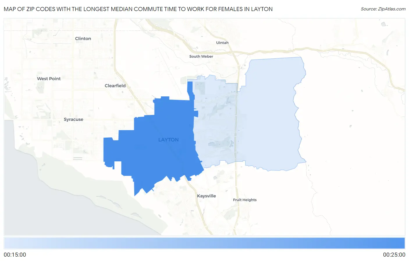 Zip Codes with the Longest Median Commute Time to Work for Females in Layton Map