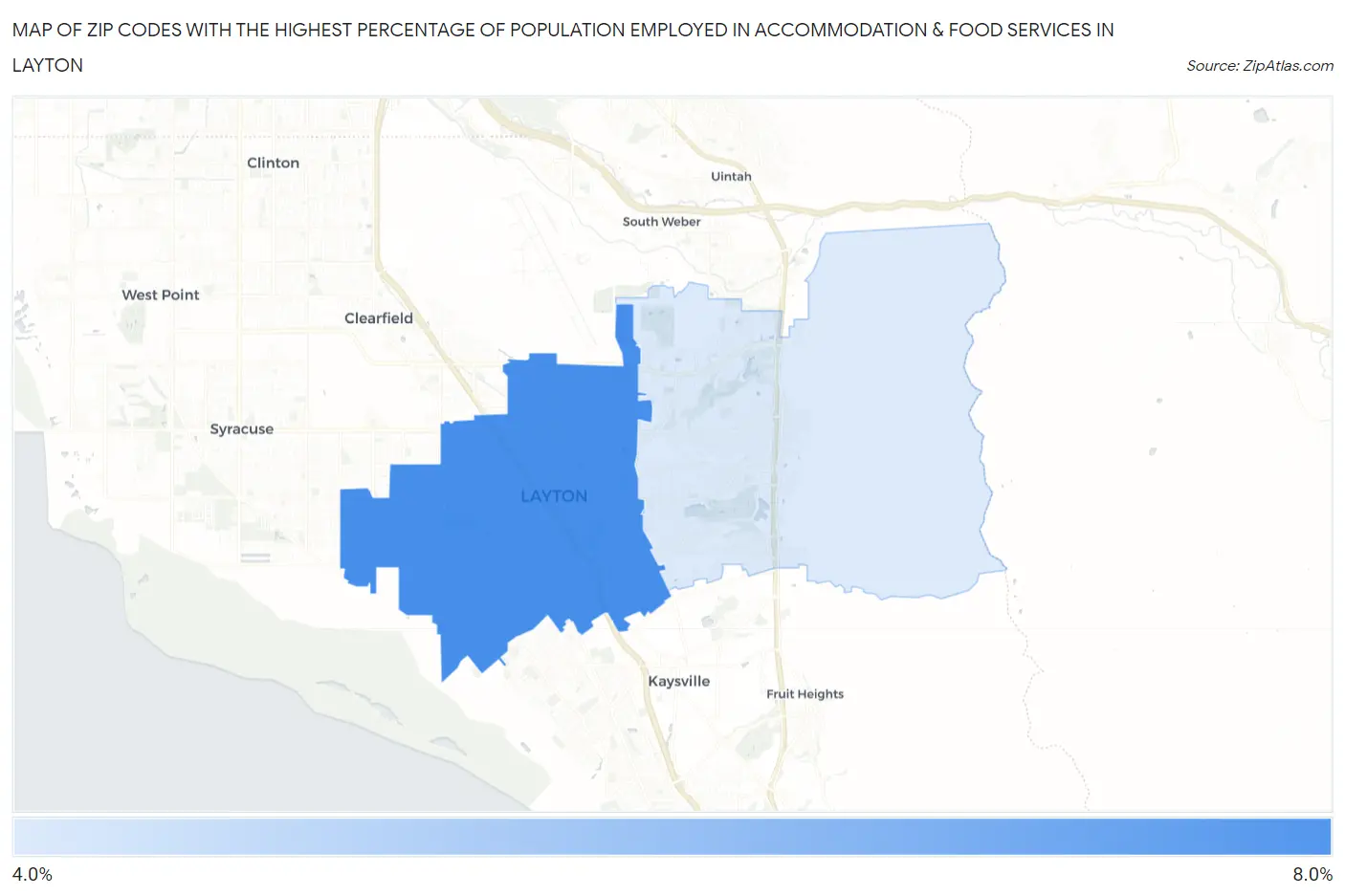 Zip Codes with the Highest Percentage of Population Employed in Accommodation & Food Services in Layton Map