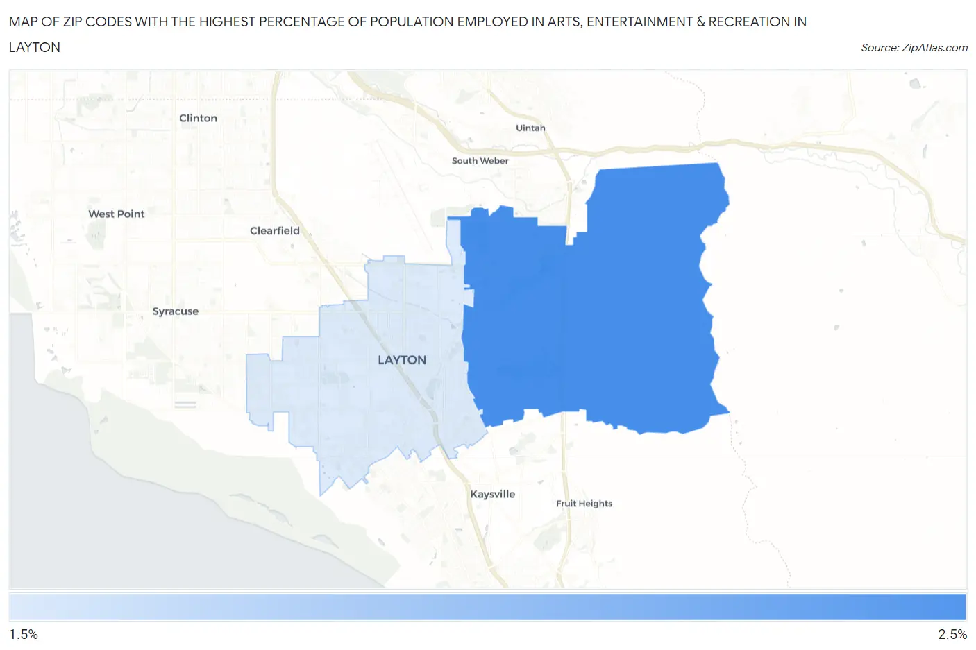 Zip Codes with the Highest Percentage of Population Employed in Arts, Entertainment & Recreation in Layton Map