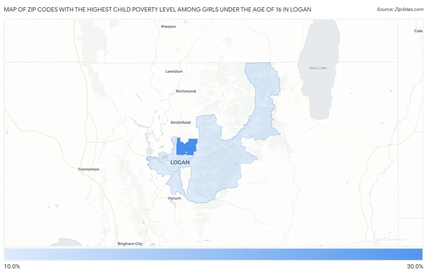 Zip Codes with the Highest Child Poverty Level Among Girls Under the Age of 16 in Logan Map