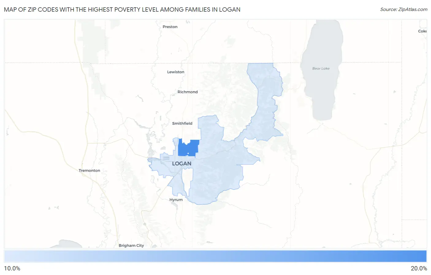 Zip Codes with the Highest Poverty Level Among Families in Logan Map