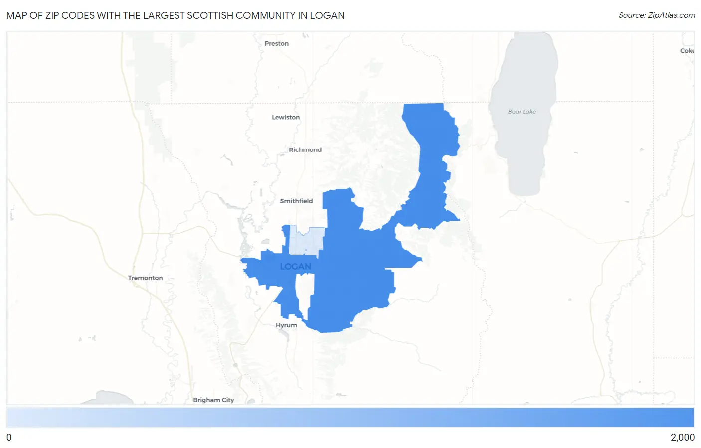 Zip Codes with the Largest Scottish Community in Logan Map