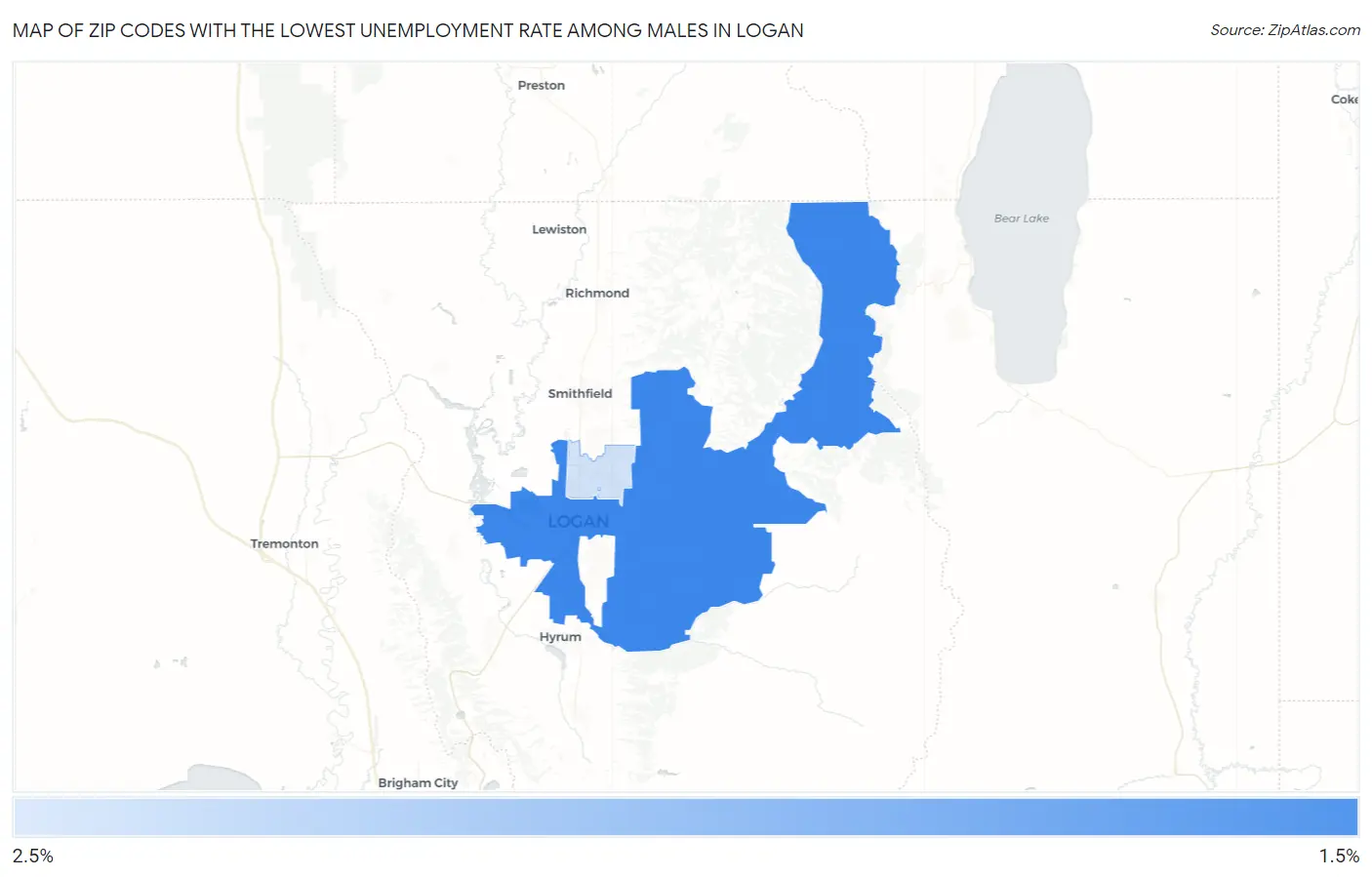 Zip Codes with the Lowest Unemployment Rate Among Males in Logan Map