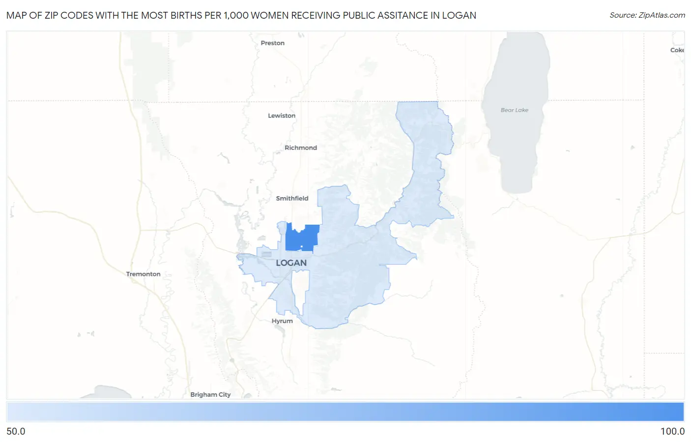 Zip Codes with the Most Births per 1,000 Women Receiving Public Assitance in Logan Map