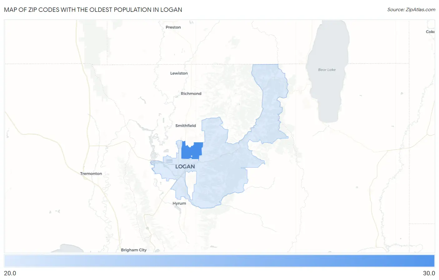 Zip Codes with the Oldest Population in Logan Map