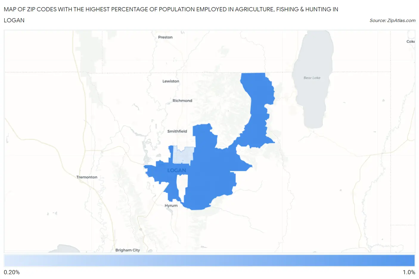 Zip Codes with the Highest Percentage of Population Employed in Agriculture, Fishing & Hunting in Logan Map