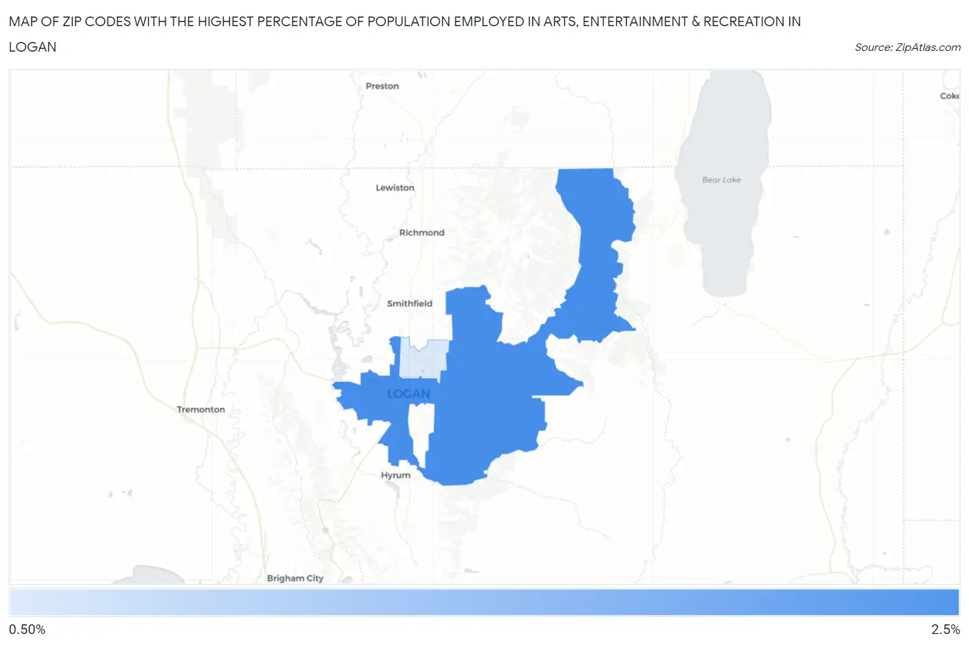 Zip Codes with the Highest Percentage of Population Employed in Arts, Entertainment & Recreation in Logan Map