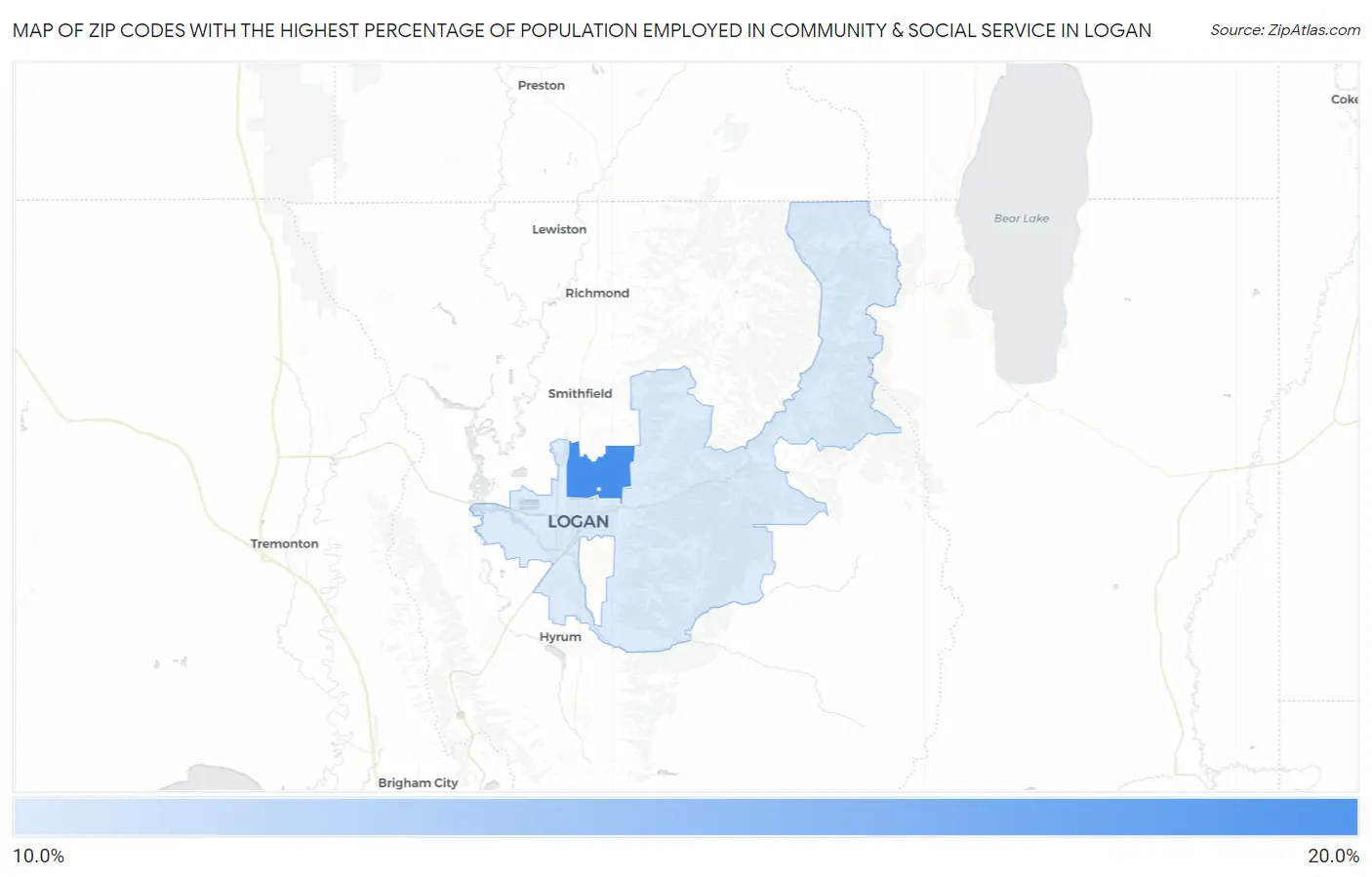 Zip Codes with the Highest Percentage of Population Employed in Community & Social Service  in Logan Map