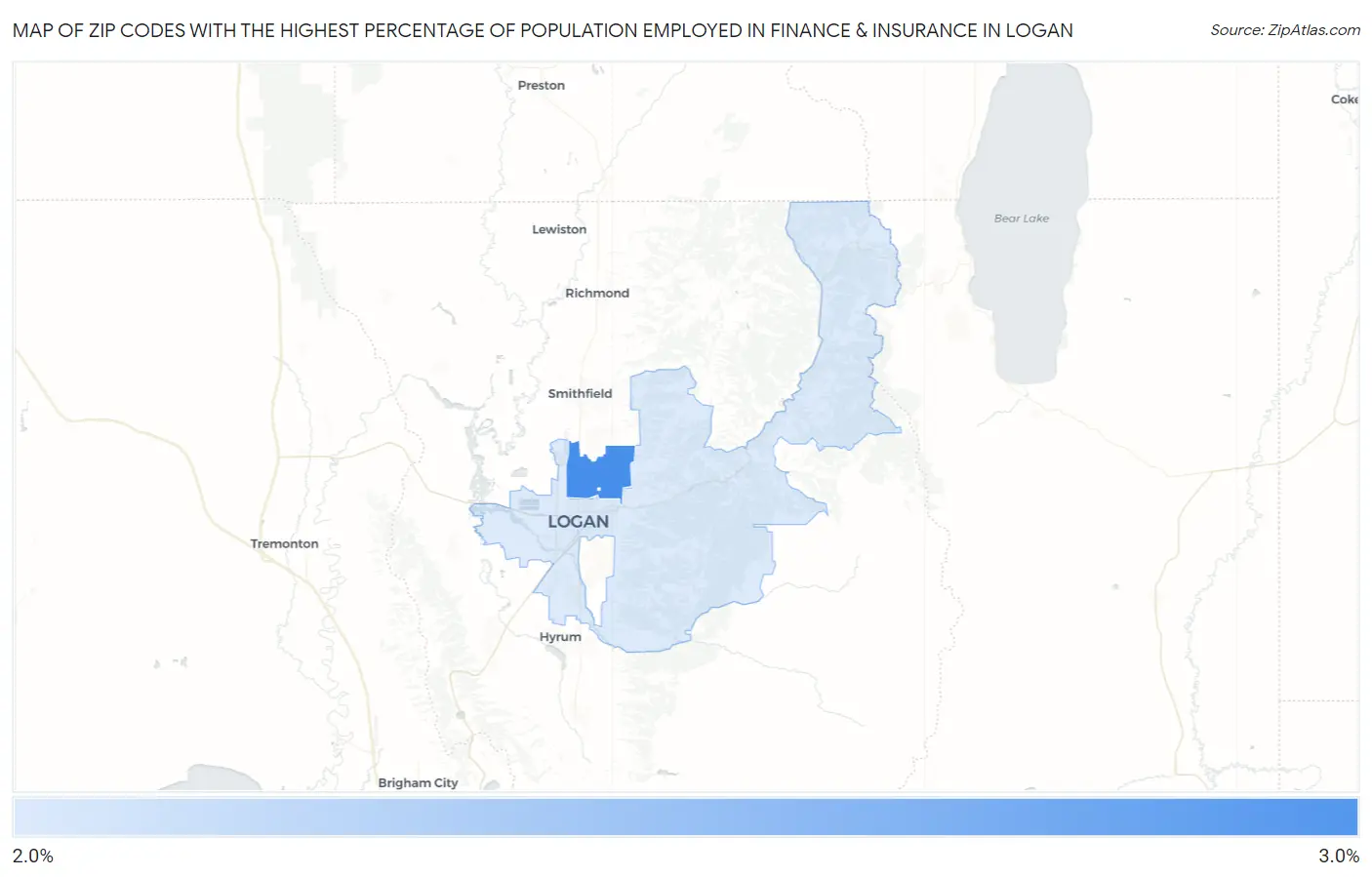 Zip Codes with the Highest Percentage of Population Employed in Finance & Insurance in Logan Map