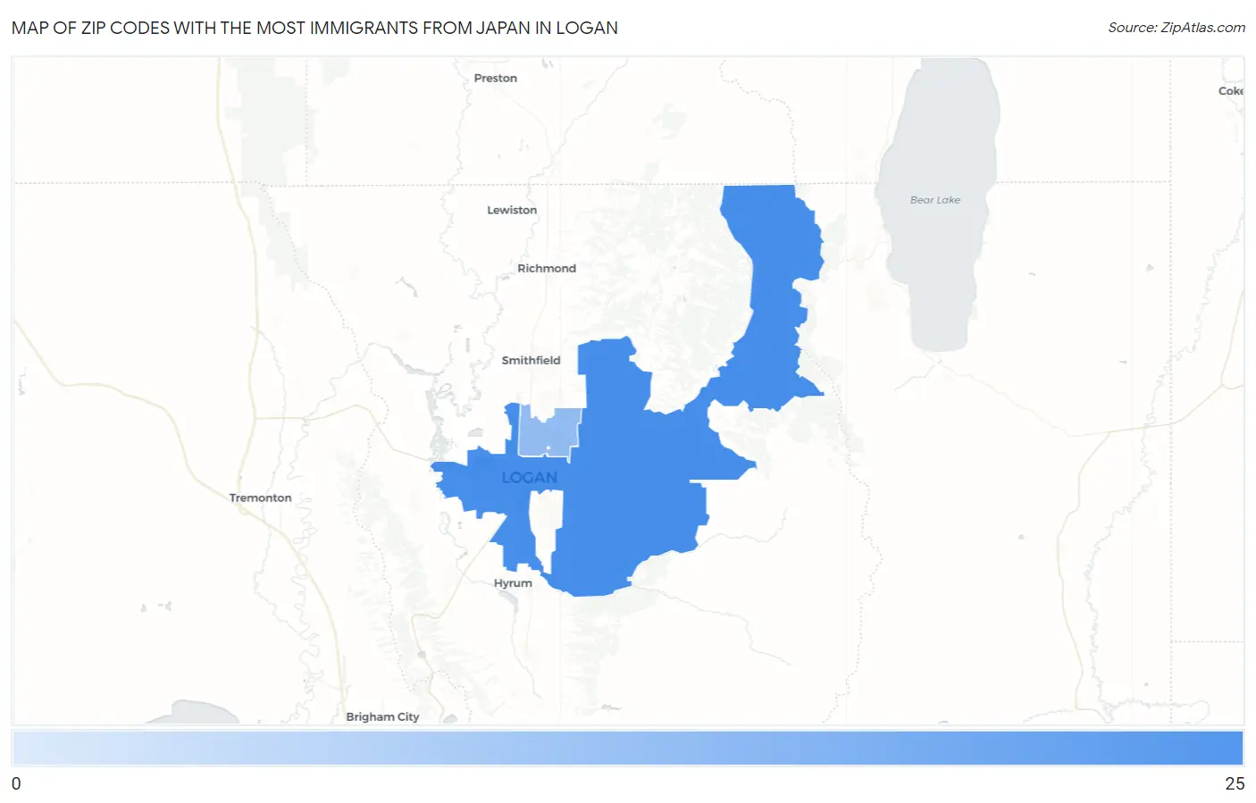 Zip Codes with the Most Immigrants from Japan in Logan Map