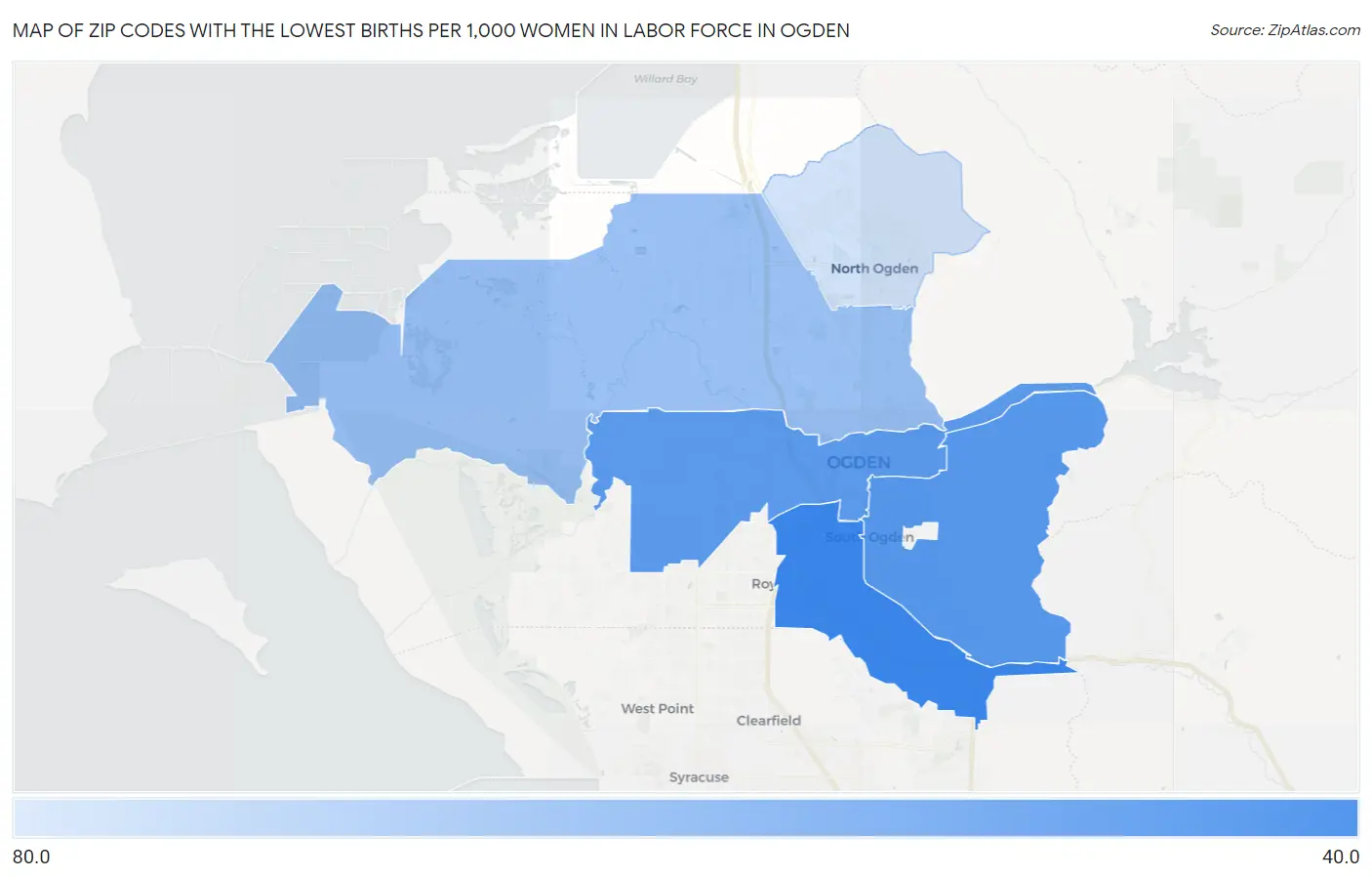 Zip Codes with the Lowest Births per 1,000 Women in Labor Force in Ogden Map