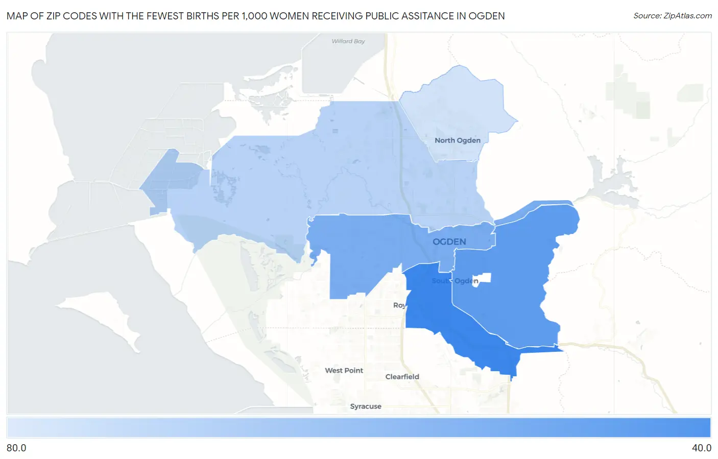 Zip Codes with the Fewest Births per 1,000 Women Receiving Public Assitance in Ogden Map