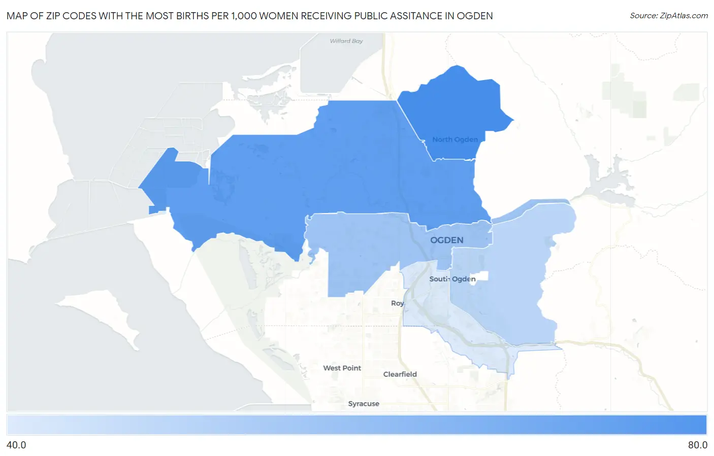 Zip Codes with the Most Births per 1,000 Women Receiving Public Assitance in Ogden Map