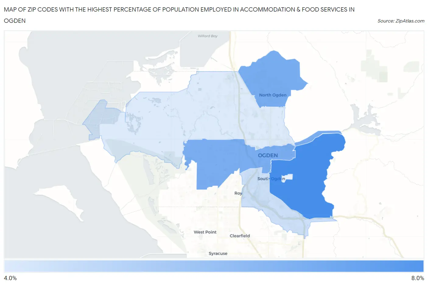 Zip Codes with the Highest Percentage of Population Employed in Accommodation & Food Services in Ogden Map