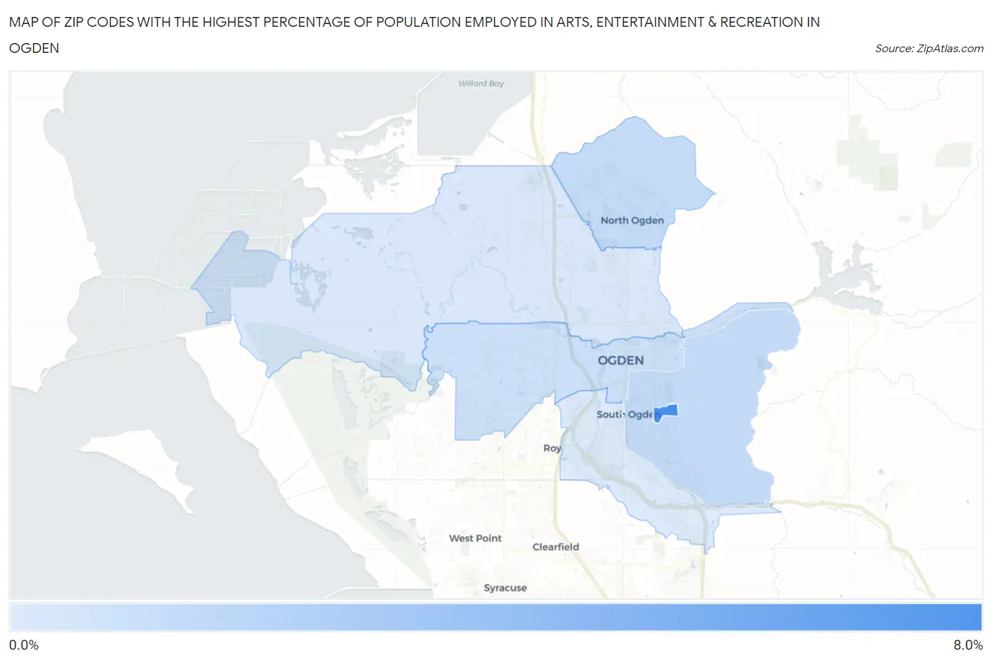 Zip Codes with the Highest Percentage of Population Employed in Arts, Entertainment & Recreation in Ogden Map