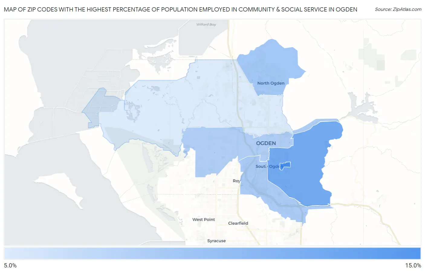 Zip Codes with the Highest Percentage of Population Employed in Community & Social Service  in Ogden Map
