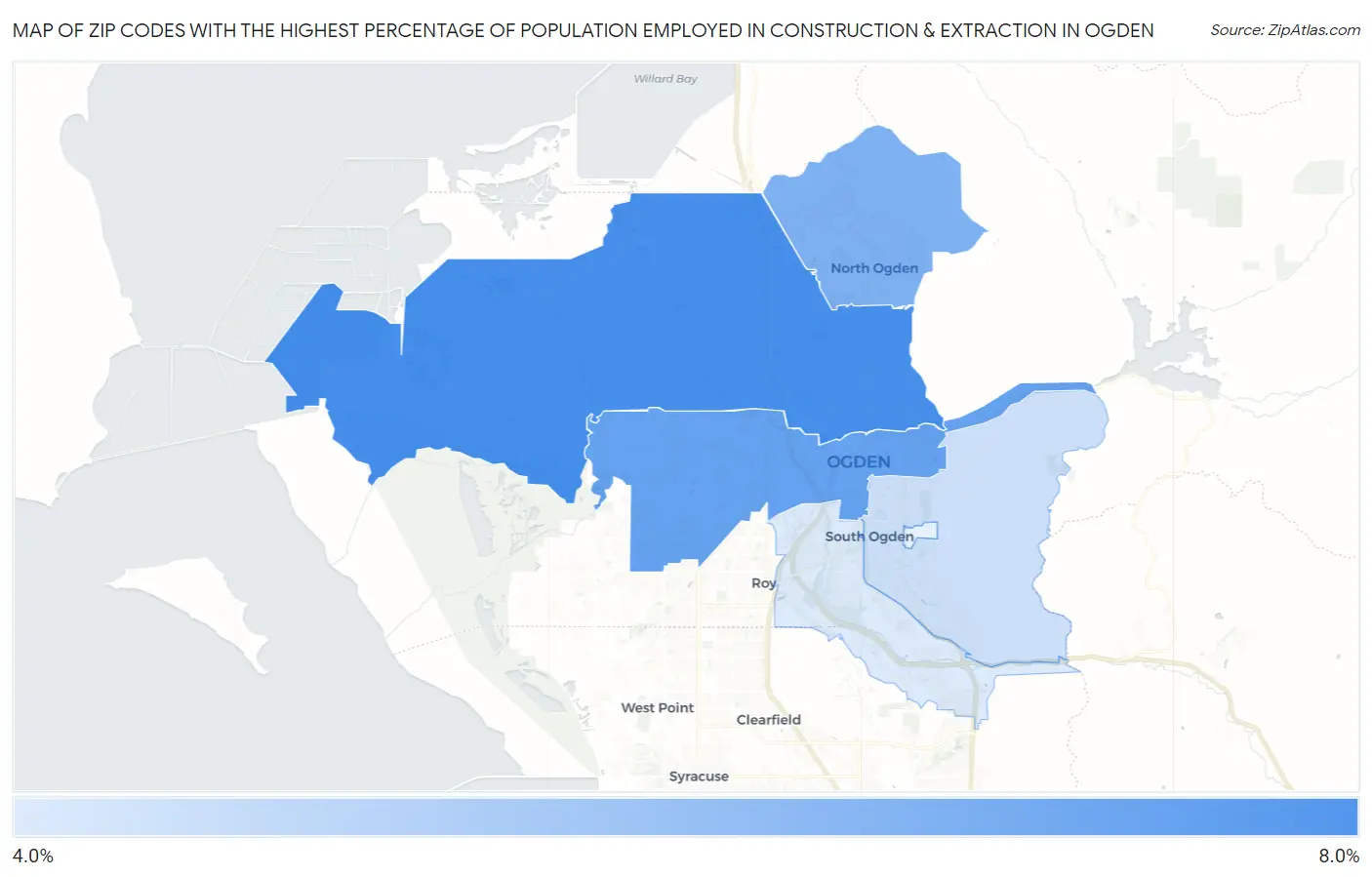 Zip Codes with the Highest Percentage of Population Employed in Construction & Extraction in Ogden Map