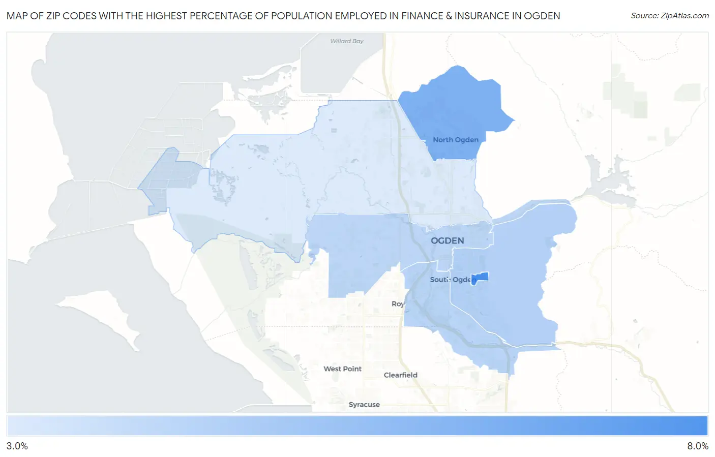 Zip Codes with the Highest Percentage of Population Employed in Finance & Insurance in Ogden Map