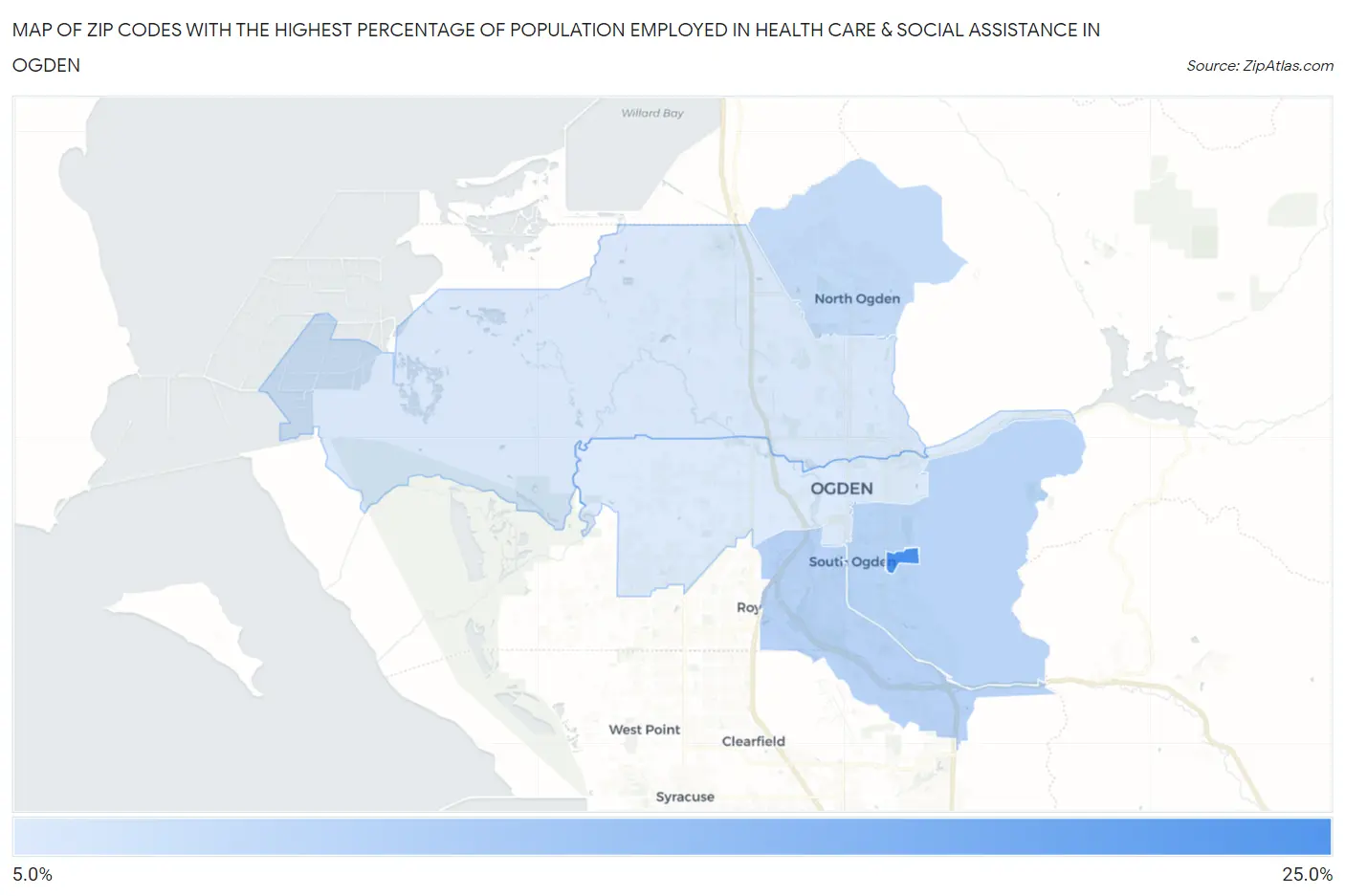 Zip Codes with the Highest Percentage of Population Employed in Health Care & Social Assistance in Ogden Map