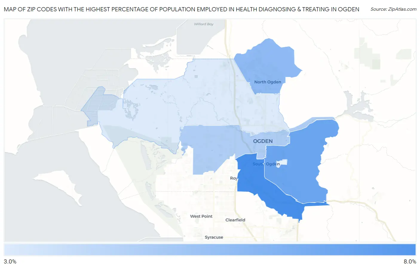 Zip Codes with the Highest Percentage of Population Employed in Health Diagnosing & Treating in Ogden Map