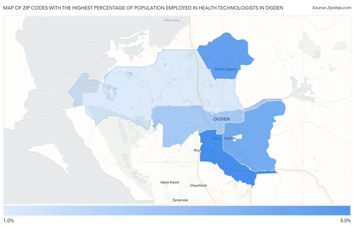 Zip Codes with the Highest Percentage of Population Employed in Health Technologists in Ogden Map