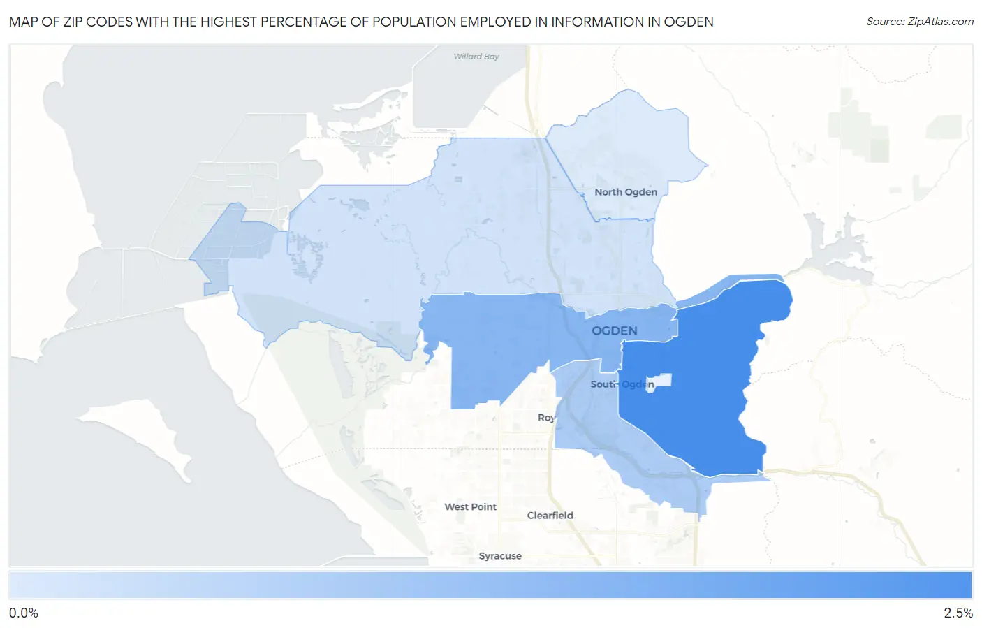Zip Codes with the Highest Percentage of Population Employed in Information in Ogden Map