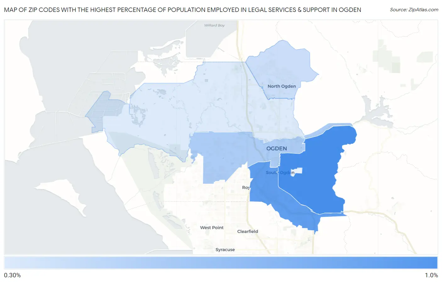 Zip Codes with the Highest Percentage of Population Employed in Legal Services & Support in Ogden Map
