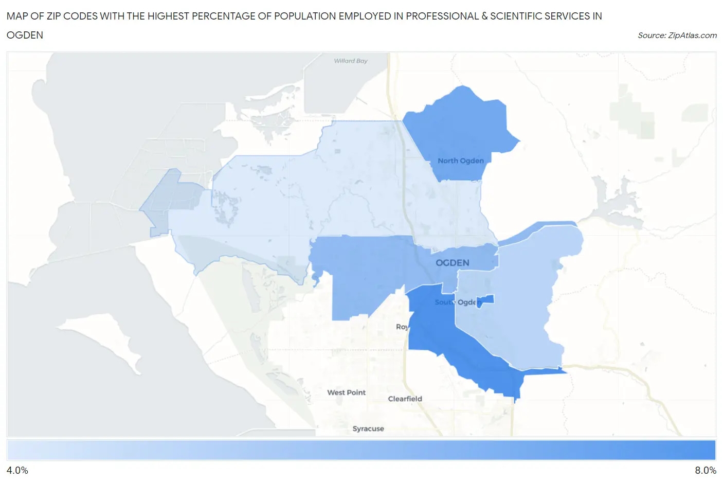 Zip Codes with the Highest Percentage of Population Employed in Professional & Scientific Services in Ogden Map