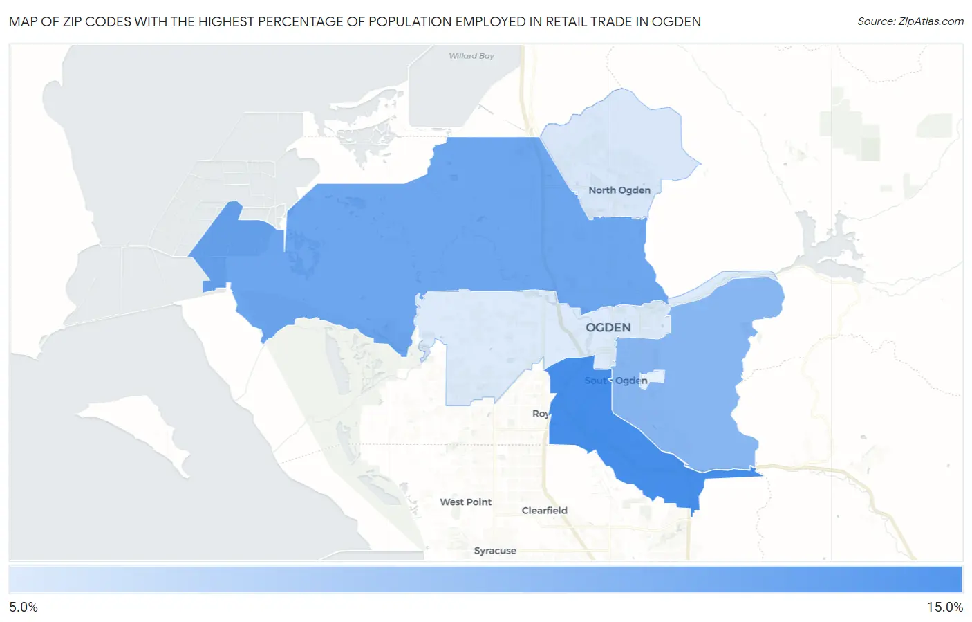 Zip Codes with the Highest Percentage of Population Employed in Retail Trade in Ogden Map
