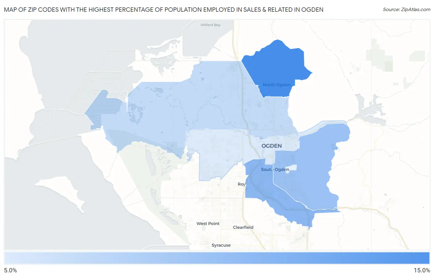 Zip Codes with the Highest Percentage of Population Employed in Sales & Related in Ogden Map