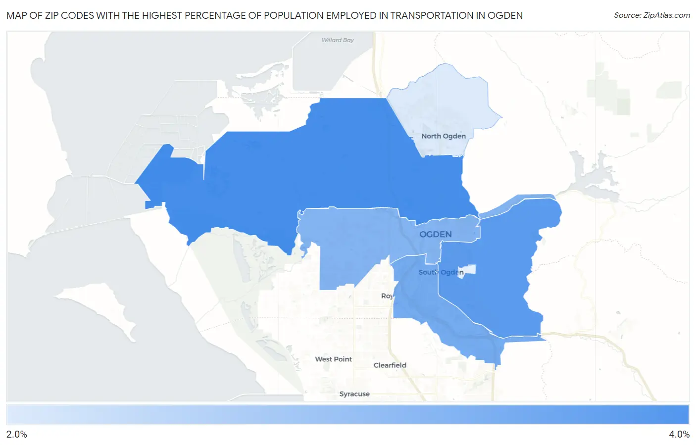 Zip Codes with the Highest Percentage of Population Employed in Transportation in Ogden Map