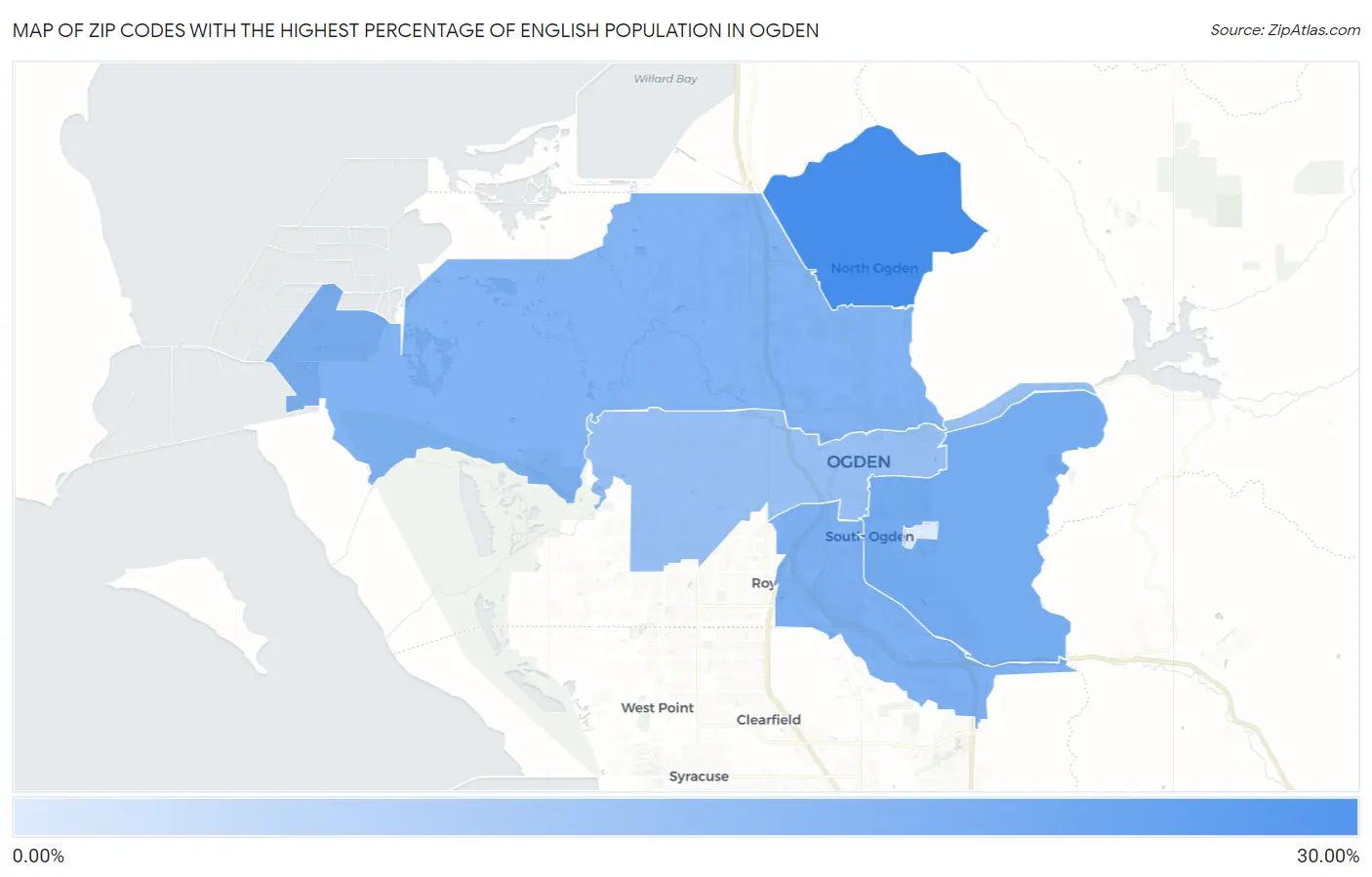 Zip Codes with the Highest Percentage of English Population in Ogden Map