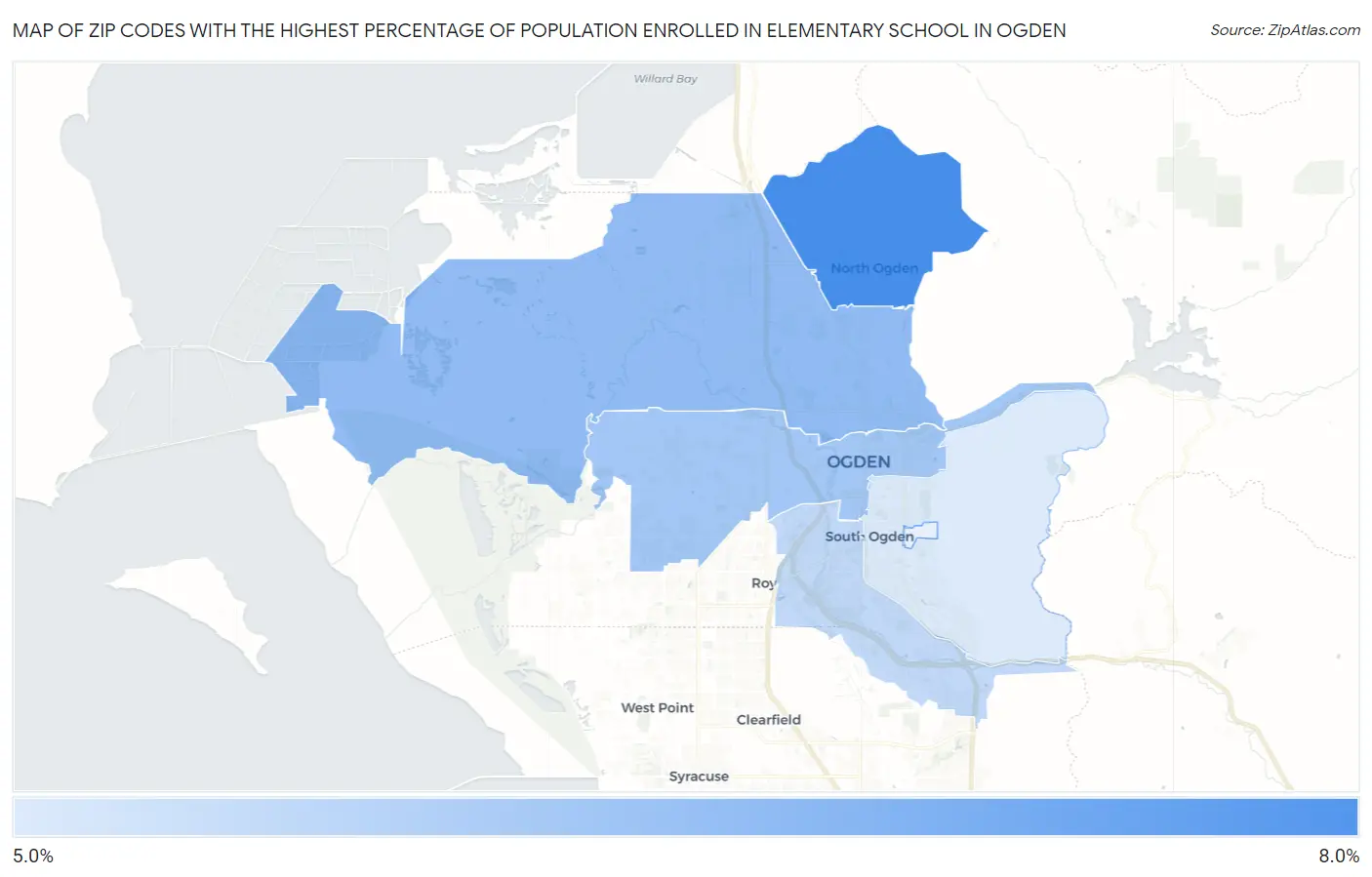 Zip Codes with the Highest Percentage of Population Enrolled in Elementary School in Ogden Map