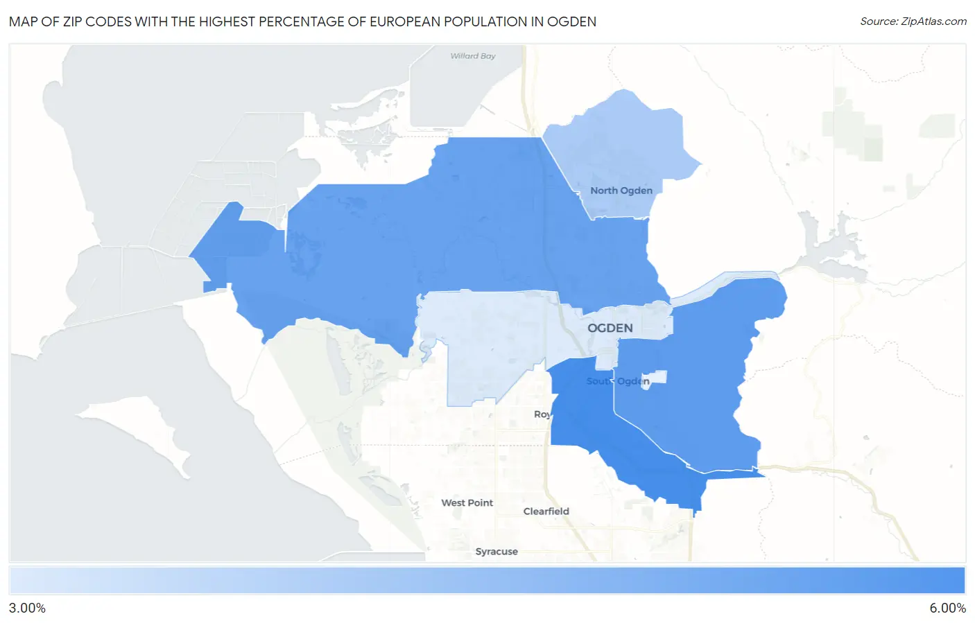 Zip Codes with the Highest Percentage of European Population in Ogden Map