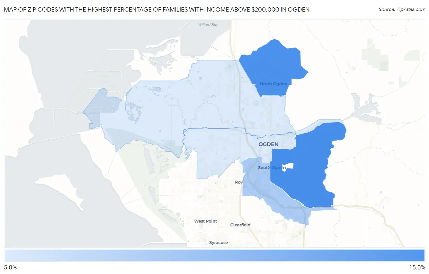 Zip Codes with the Highest Percentage of Families with Income Above $200,000 in Ogden Map