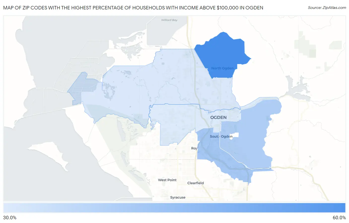 Zip Codes with the Highest Percentage of Households with Income Above $100,000 in Ogden Map