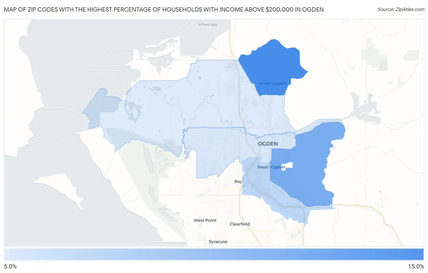Zip Codes with the Highest Percentage of Households with Income Above $200,000 in Ogden Map