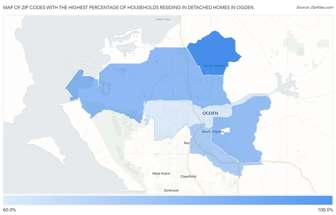 Zip Codes with the Highest Percentage of Households Residing in Detached Homes in Ogden Map